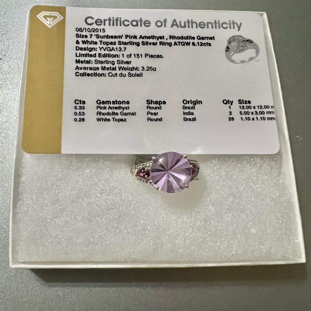 Sunbeam pink amethyst, rhodolite garnet & white topaz sterling silver ring